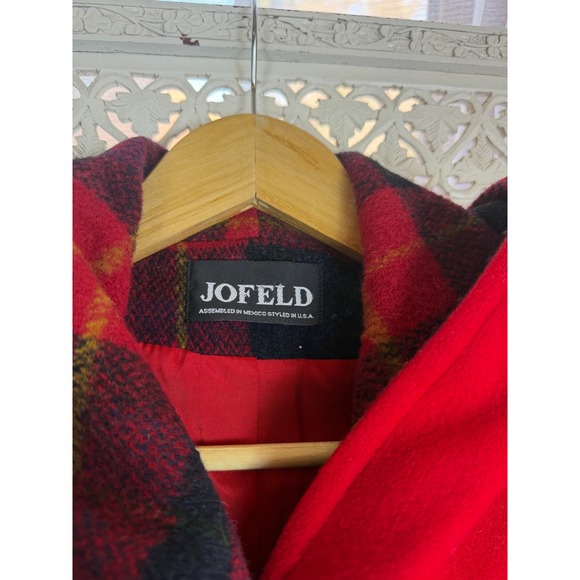 Vintage Fofeld Red Wool Plaid Drawstring Hooded Coat Womens XL-2X Retro Indie - Picture 8 of 8